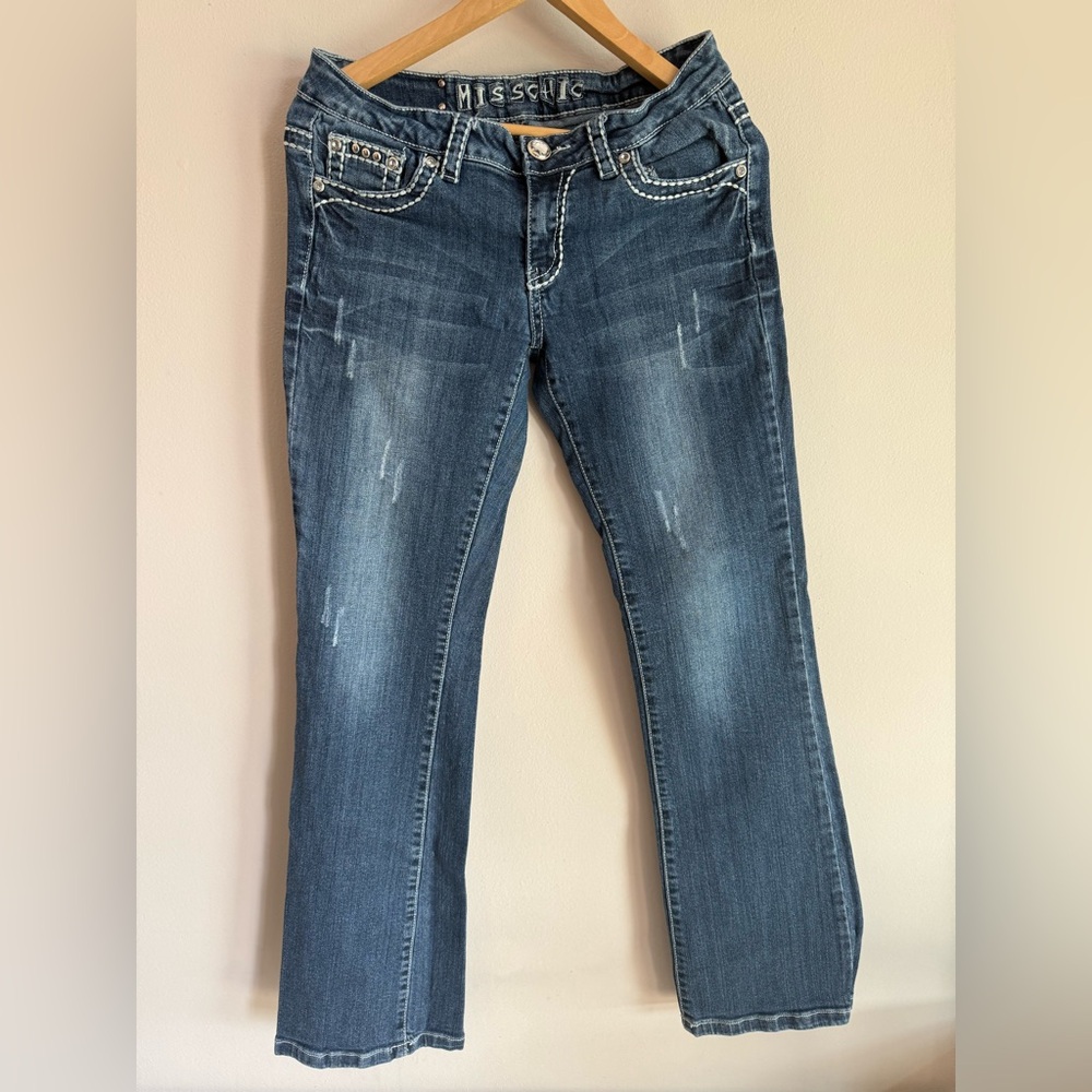 Miss Chic USA Womens Bootcut Jeans Medium Wash Rhinestone Fleur De Lis